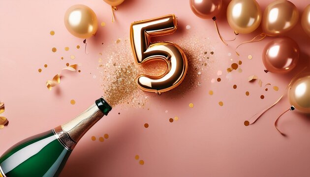 5 number.  5th anniversary champagne bottle balloon pop. Top view.