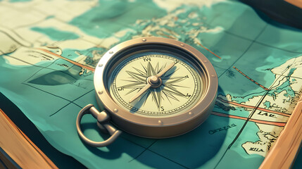 3D cartoon illustration of a vintage compass on an old map   