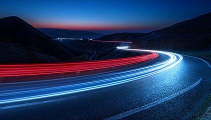 Cars red light trails at night in a curve asphalt road at night, long exposure image