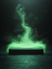 Ethereal green mist enveloping a mysterious platform in a dimly lit space creating a haunting atmosphere of intrigue and suspense