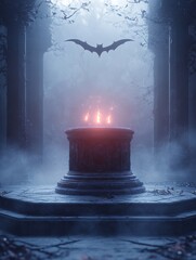 An enigmatic ritual in the fog a mysterious setting with a bat glowing flames and ancient stone architecture