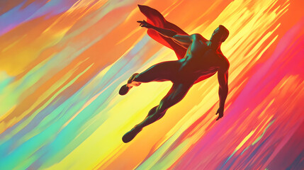 3D illustration of a man in a superhero suit flying against a vibrant background   