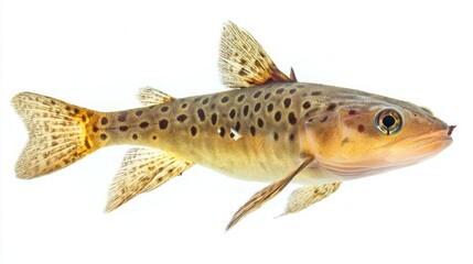 Pictus catfish known for its unique pattern and elongated body is prominently featured against a white background highlighting its vibrant colors and features.