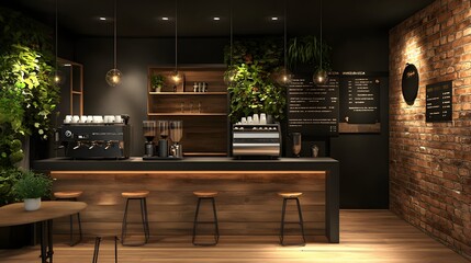 96. A trendy coffee bar with brewing equipment and a space for a product