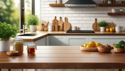 Kitchen area mockup background, table for drinks or food display