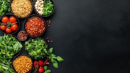 colorful arabic cuisine in various bowls for healthy and flavorful meal options, with copy space for text