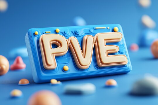 Colorful 3D representation of the acronym PVE surrounded by playful shapes on a blue background