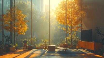 Autumn Leaves through Window in Modern Living Room Illustration