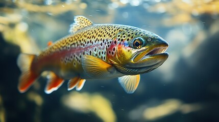 Fototapeta premium Close-up of a Brown Trout Swimming in Water with Blurred Background