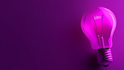 3D render of a light bulb on a purple background with copy space, a concept for an idea of innovation and creativity, a creative thinking process. Flat lay, banner design.   Generative AI .
