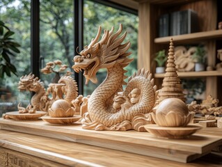 Fototapeta premium Exquisite Handcrafted Wooden Dragon Sculptures for Unique Home Decor