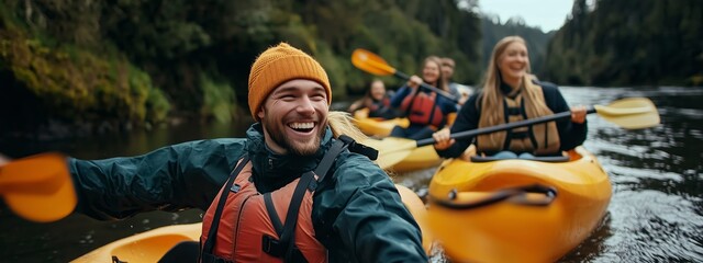 Joyful group kayaking in a serene river surrounded by lush greenery during a sunny day