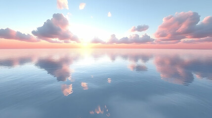 3D Illustration of a Calm Sea with Pink Clouds at Sunset