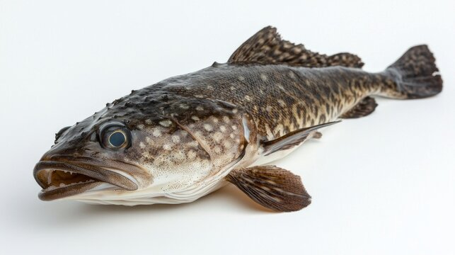 vivid representation of a sablefish showcasing its unique features like coloration and texture on a clean white backdrop. This fish is known for its culinary appeal.
