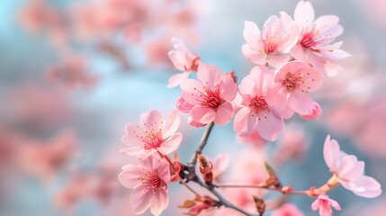 Obraz premium The serene beauty of sakura blossoms in a close-up shot revealing the soft pink petals and vibrant details framed by a blurred background of blooming trees and a clear blue sky