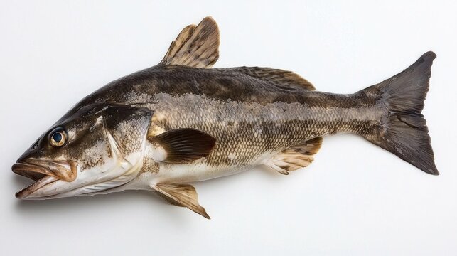 Sablefish Anoplopoma fimbria is displayed prominently against a white background highlighting its unique physical characteristics and healthy appearance.