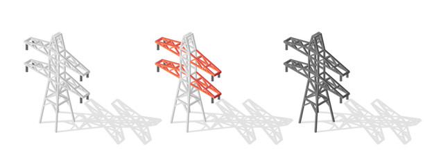 Isometric high-voltage electricity distribution pylons. Electric transmission network delivering energy, with electrical power lines against a white background. Vector 3d illustration icon energy pole
