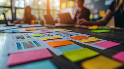 Engaged Project Team Collaborating with Colorful Sticky Notes and Data Visualizations in a Modern Workspace