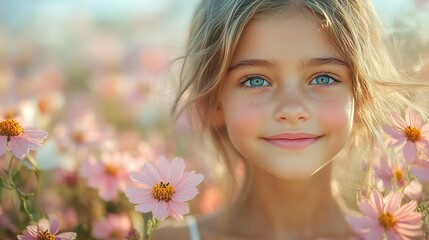 Fototapeta premium Portrait of a Young Girl with Freckles and Blue Eyes Amidst Pink Flowers