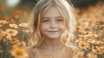 Fototapeta premium Portrait of a Freckled Little Girl with Blonde Hair Smiling in a Field of Daisies