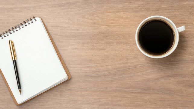 minimal workspace setup with coffee and notebook for a productive environment