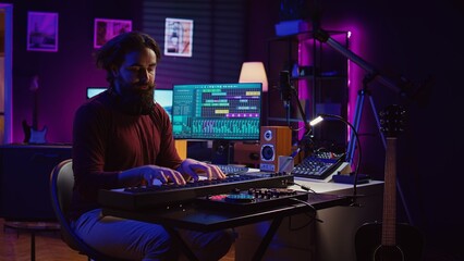 Sound engineer playing electronic piano keyboard and recording sounds, using mixing console and daw...