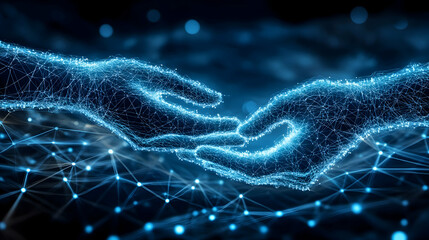 Hands stacked together over a digital network, symbolizing teamwork and connection   