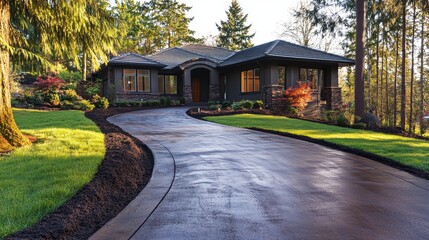 Fototapeta premium Wide concrete driveway leads to a beautiful new home