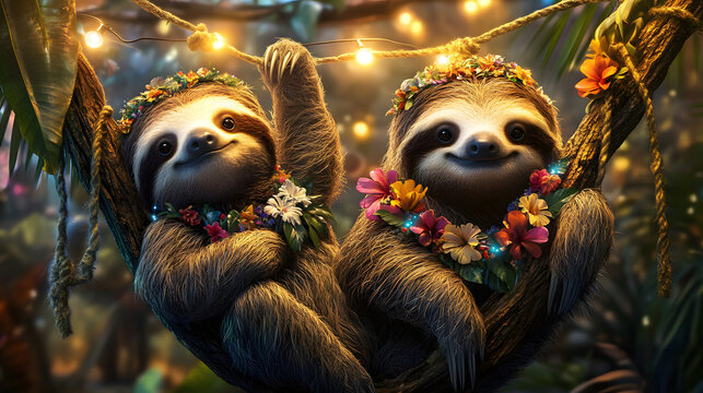 sloths hanging from tree branches at a celebration