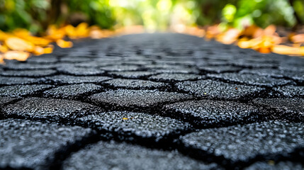 Black Cobblestone Path With Blurred Green Background - Photo