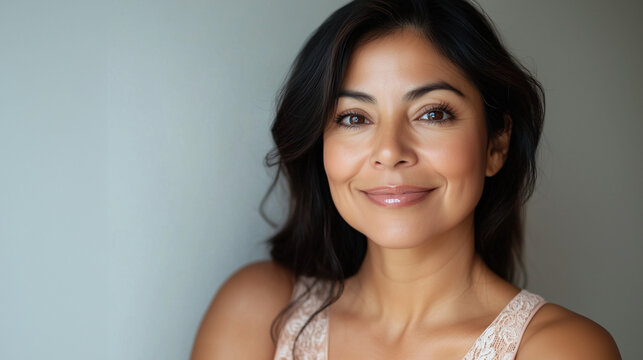 PHOTO OF A BEAUTIFUL MID AGE latino WOMAN WITH BEAUTIFUL SKIN on neutral background,