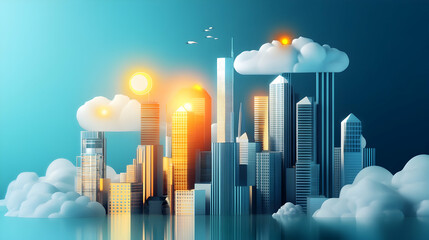 Fototapeta premium Illustration of a modern cityscape with innovative structures and radiant clouds 