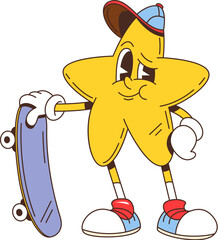 Cartoon retro groovy star character with skateboard. Isolated vector cheerful and confident anthropomorphic yellow twinkle star, cool and laid-back teenager personage wearing baseball cap and sneakers © Vector Tradition