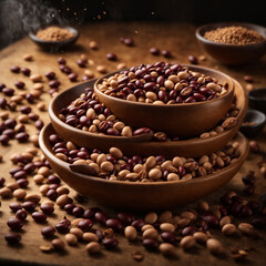 Fototapeta premium beans spilled from a wooden bowl onto a wooden table