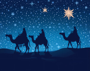 Vector illustration of three wise men, silhouette vector on a blue background with a star and palm tree. Christmas scene. Three kings from the East riding camels 