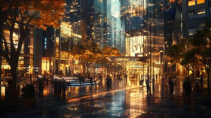 Fototapeta premium 79. A vibrant cityscape with people and an empty area for a product