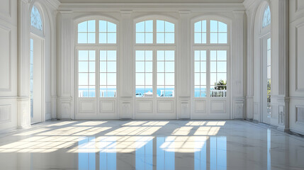 Spacious room with white walls and large window, illustration   