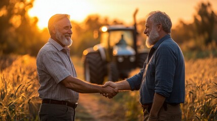 Two smiling men, one European and one African, shake hands warmly in a golden field at sunset, with a tractor in the background.