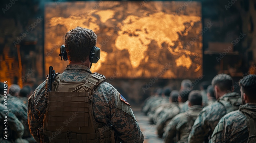 Aufkleber a group of soldiers attentively listens to a briefing in a military command center, featuring a larg