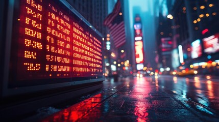 A vibrant view of Times Square illuminated by various digital displays, reflecting the bustling atmosphere during election night.