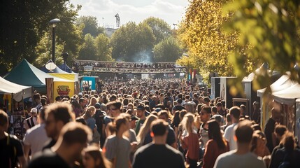 60. A vibrant outdoor festival with crowds and a space for a product