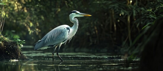Naklejka premium Grey Heron in a Forest Stream