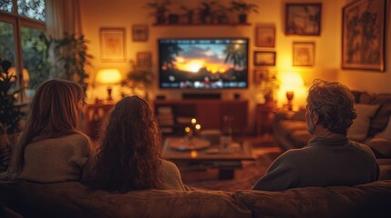 A family of three is seen from behind as they sit on a couch, watching a television screen filled with a vibrant sunset scene, creating a warm atmosphere.