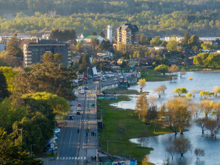 Villarrica city waterfront aerial view under golden sunset light. Patagonia, Chile