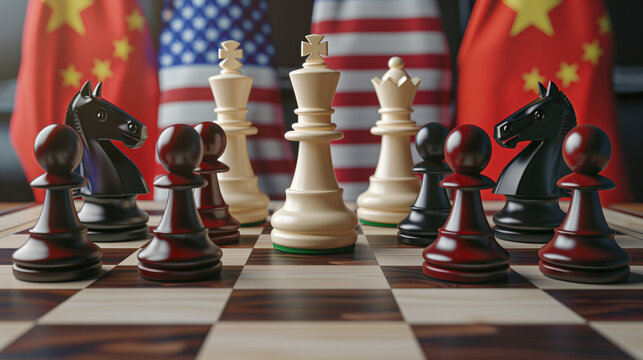 Chess pieces on board with USA and China flags. White king surrounded by pawns, symbolizing geopolitical strategy and competition between superpowers.