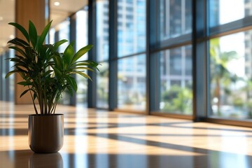 Fototapeta premium Blurred view of a contemporary office space featuring panoramic windows and soft natural light Minimalistic interior elements fade gently