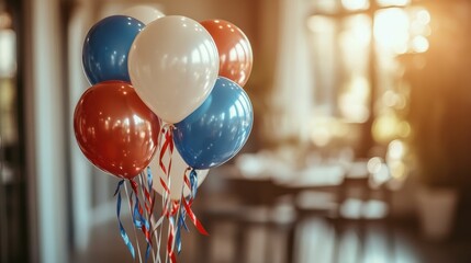 A vibrant collection of red, white, and blue balloons, symbolizing patriotic themes, captures the spirit of American elections.
