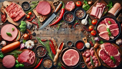 Collage of different type of raw meat with spices