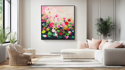 Abstract Floral Painting: Vibrant Pink Flowers and Green Leaves