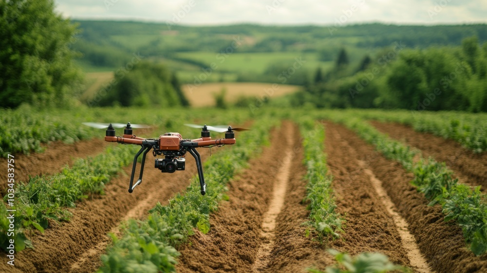 Poster a drone is actively surveying rows of crops in a lush green field, surrounded by hills and trees, ca
